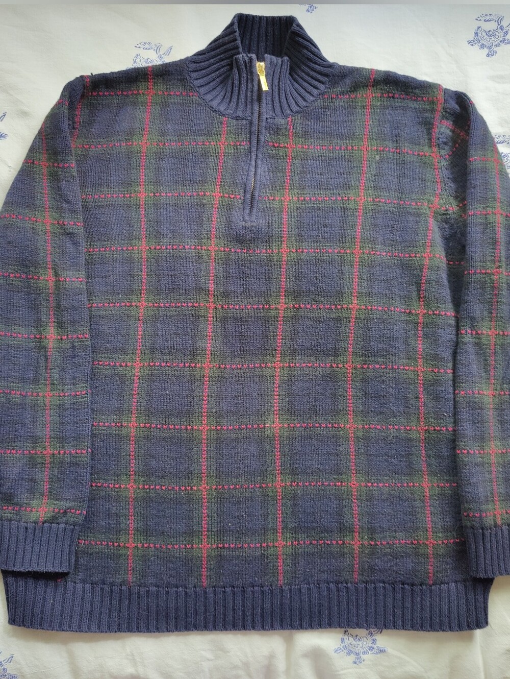 Ralph Lauren Cotton Quarter Zip Plaid Sweater Large